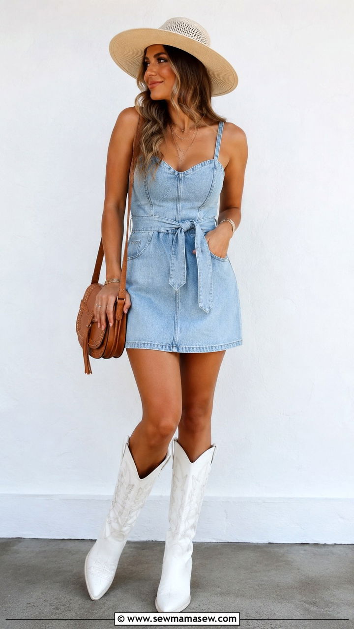 Denim Mini Dress with Cowboy Boots - 30 chic country concert outfits for women