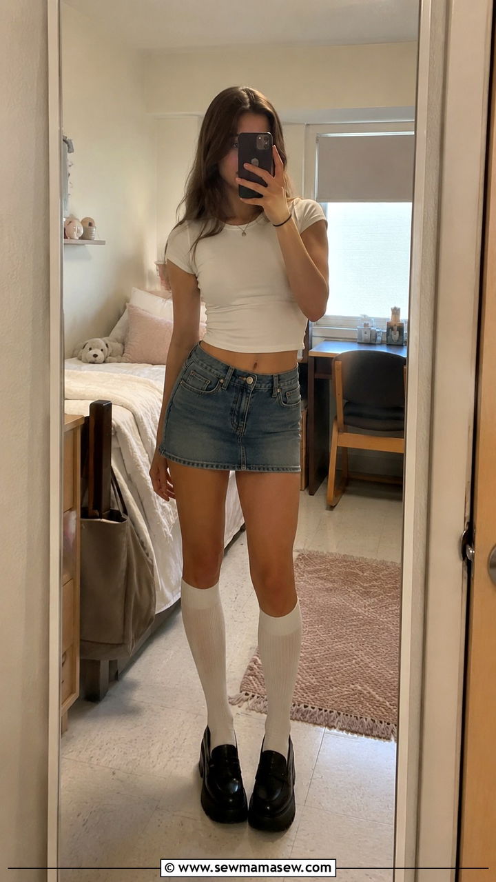 Denim Mini Skirt With A Baby Tee And Knee High Socks - 20 Frat party outfit ideas alternative