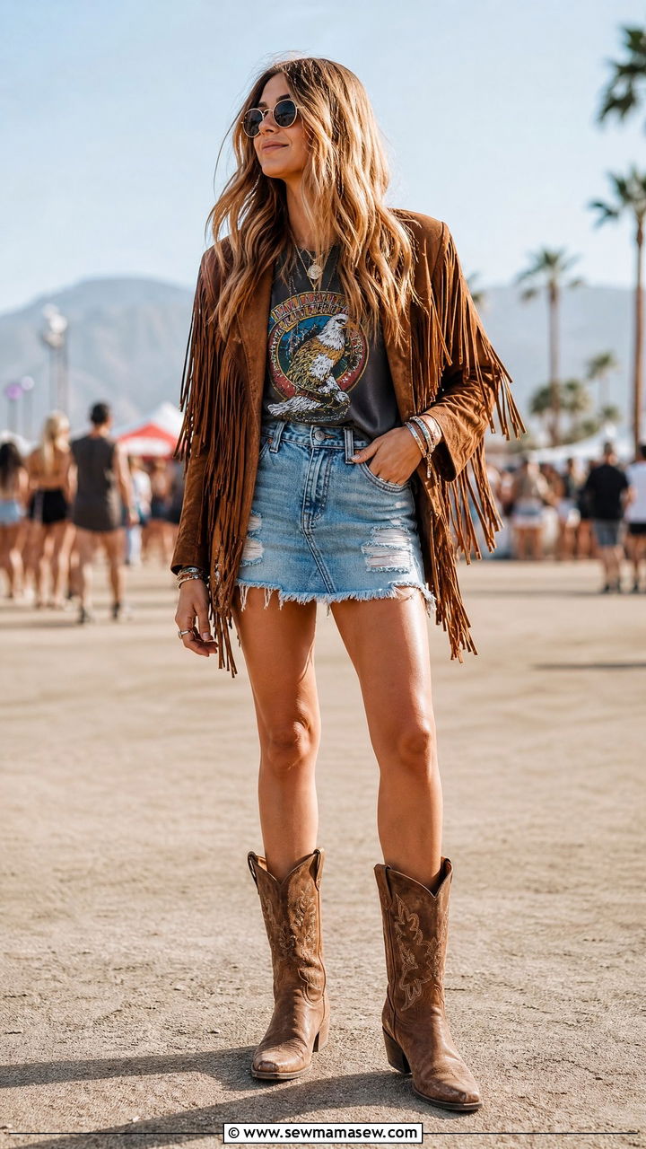 Denim Mini Skirt With Cowboy Boots - 35 mini skirt outfit ideas for women