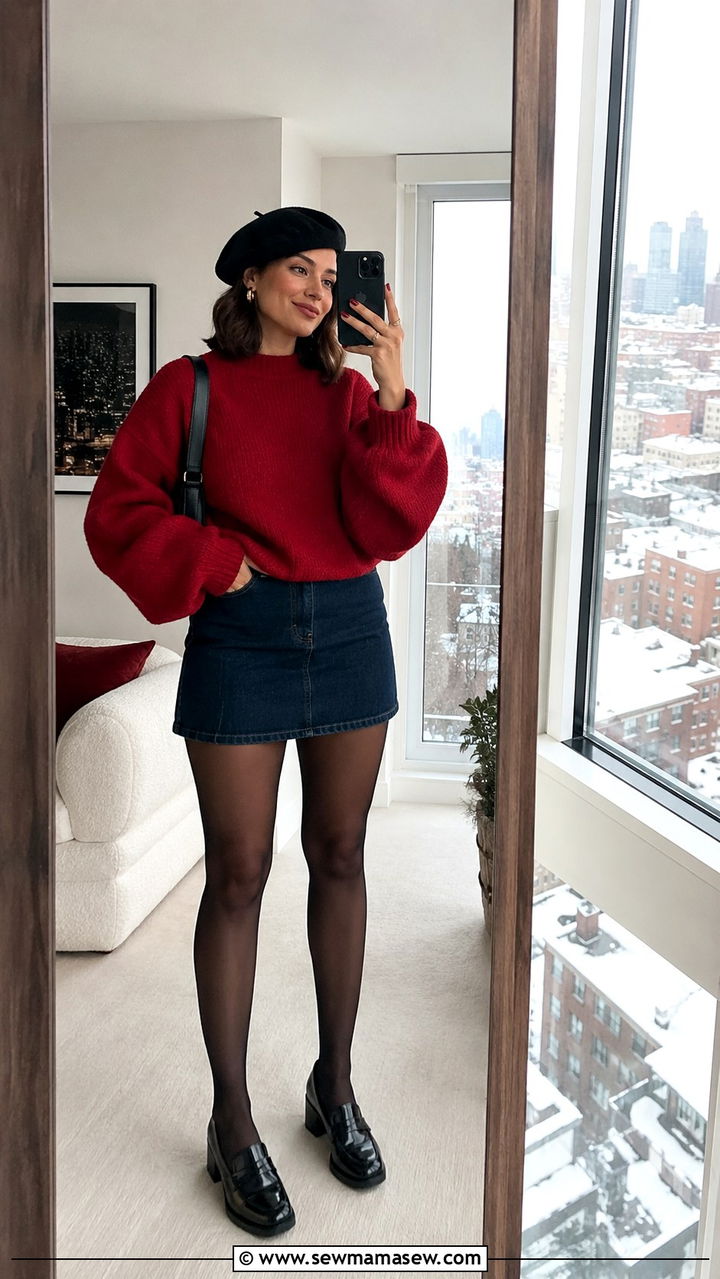 Denim Mini Skirt With Sweater and Sheer Tights - 30 Denim skirt outfit ideas with a sweater
