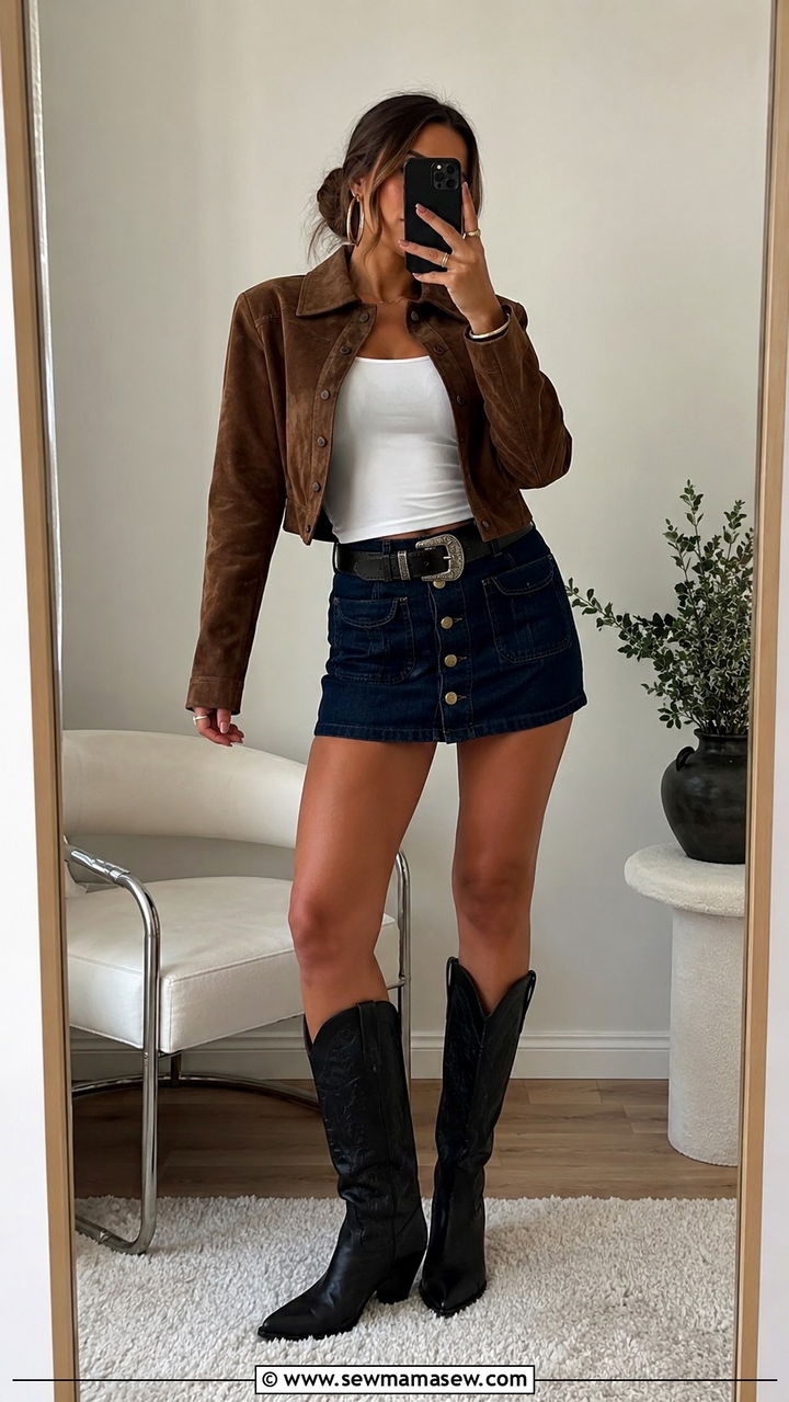 Denim Mini Skirt and Western Boots - 30 Luke Combs concert outfit ideas