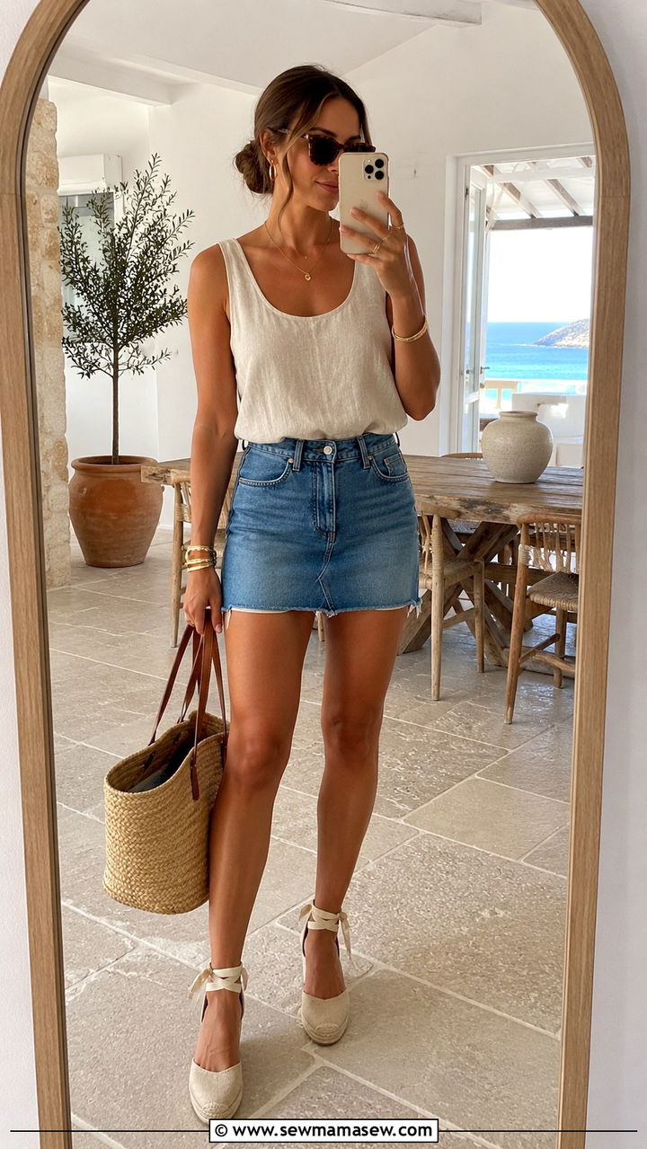 Denim Mini Skirt with Linen Tank and Espadrilles - 30 Mini denim skirt outfit ideas summer