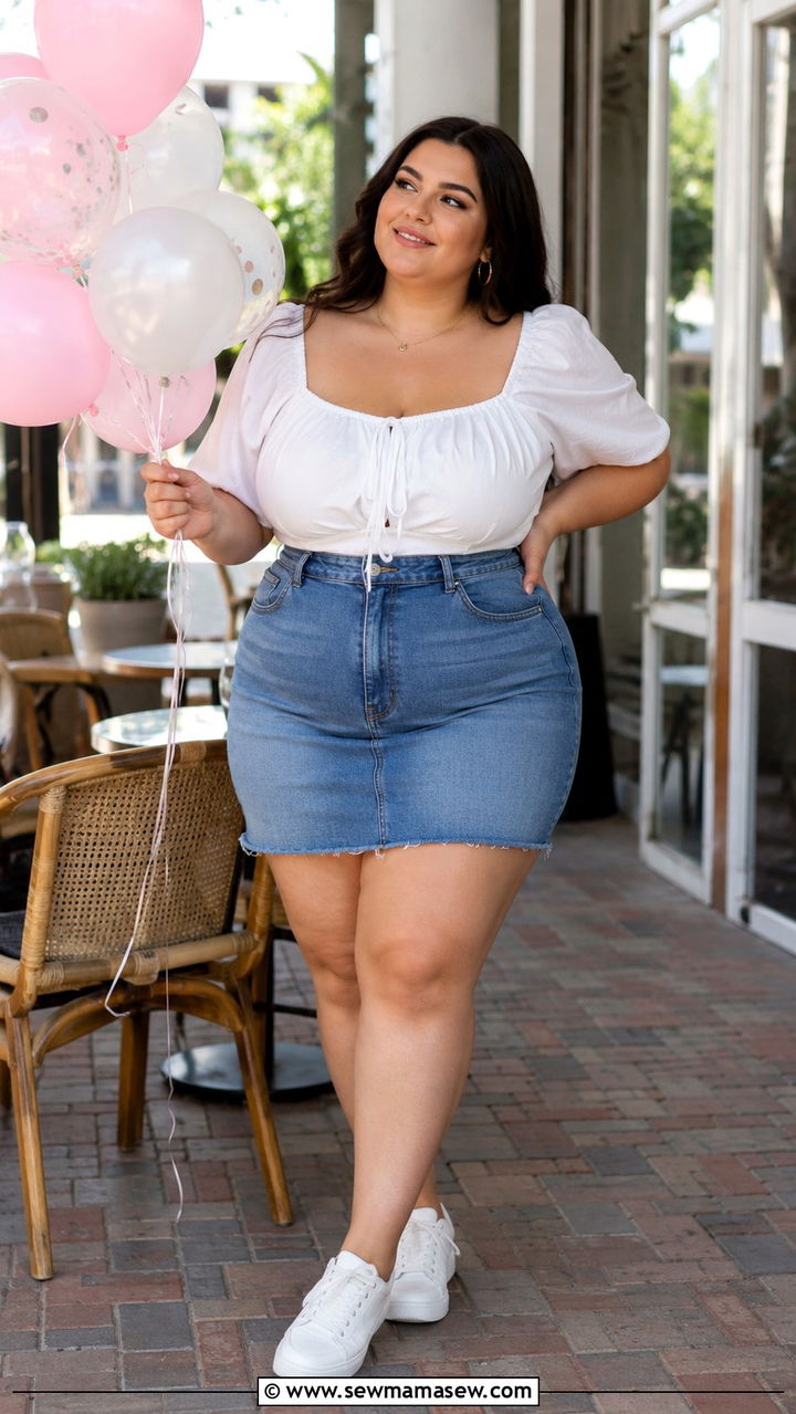 Denim Mini Skirt with Puff Sleeve Top - 30 Plus size birthday outfit ideas