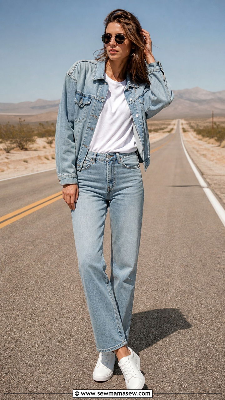 Denim On Denim With White Sneakers - 40 Road trip outfit ideas