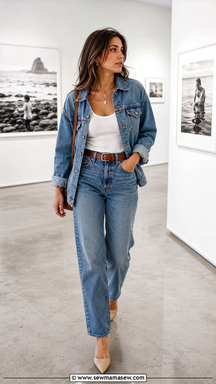 Denim On Denim With a White Tank and Pointed Toe Mules - 20 Photography exhibit outfit ideas