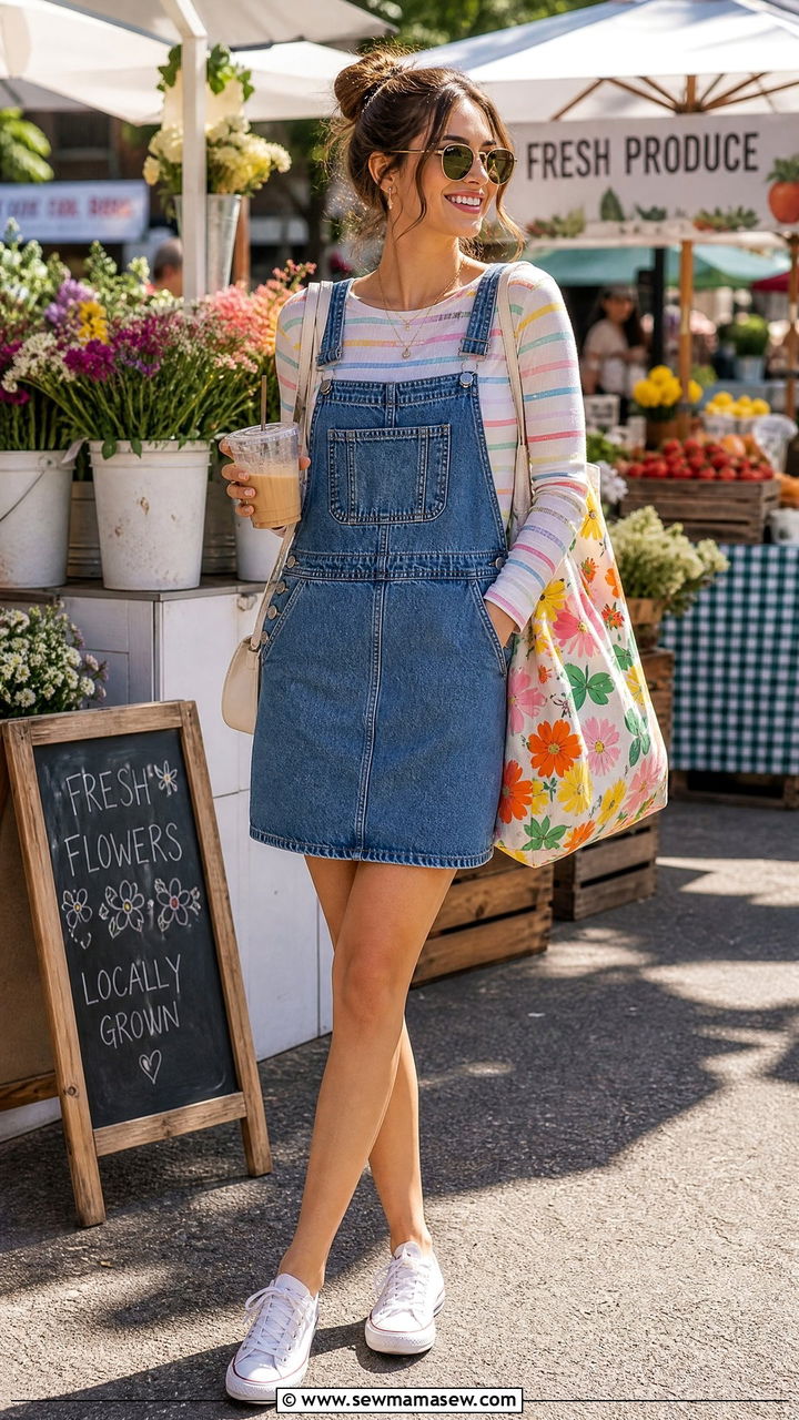 Denim Overall Dress With Layered Tee - 25 Brunch outfit ideas early morning