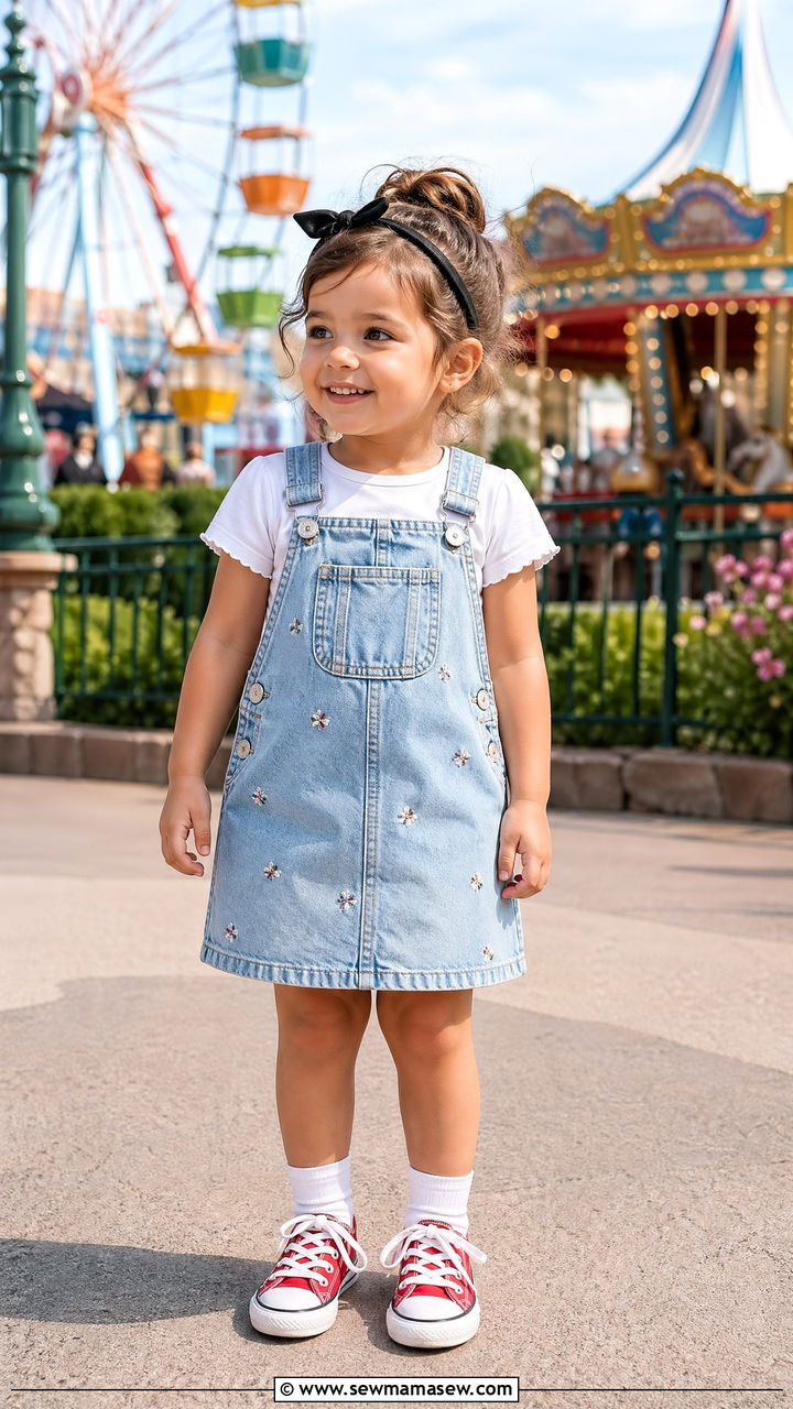 Denim Overall Dress With Mickey Embroidery - 35 Disney outfit ideas for toddlers