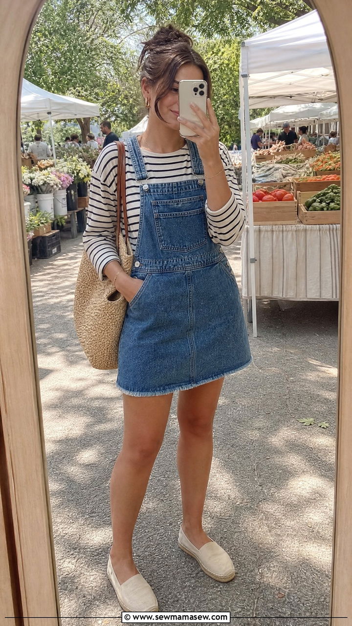 Denim Overall Dress with a Striped Tee and Espadrilles Outfit - 30 Farmers market outfit ideas