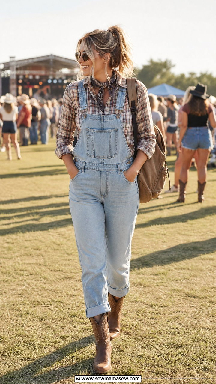 Denim Overalls And Plaid Shirt With Cowboy Boots - 30 Country concert outfit ideas with cowboy boots