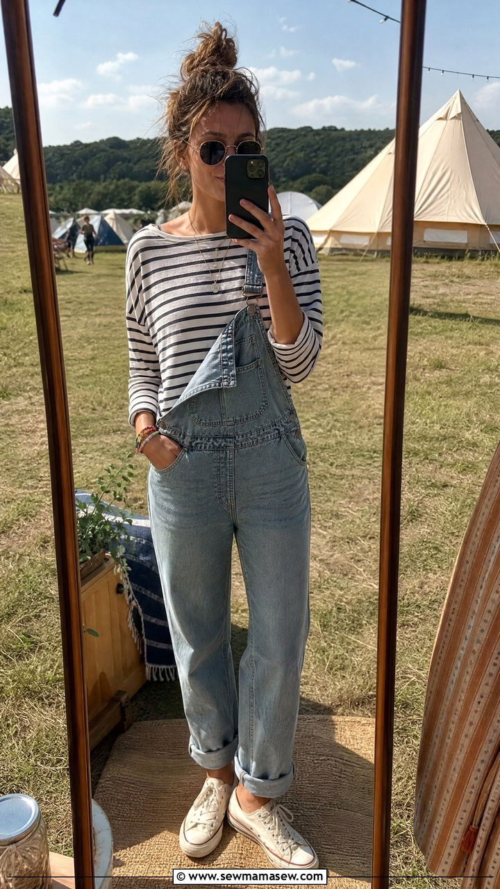 Denim Overalls And Striped Long Sleeve Tee Outfit - 25 Firefly Festival outfit ideas