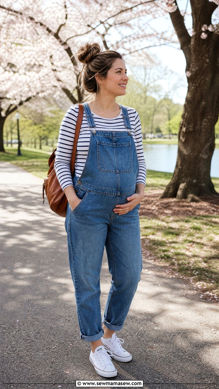 Denim Overalls And Striped Tee First Trimester - 25 First trimester mom outfit ideas