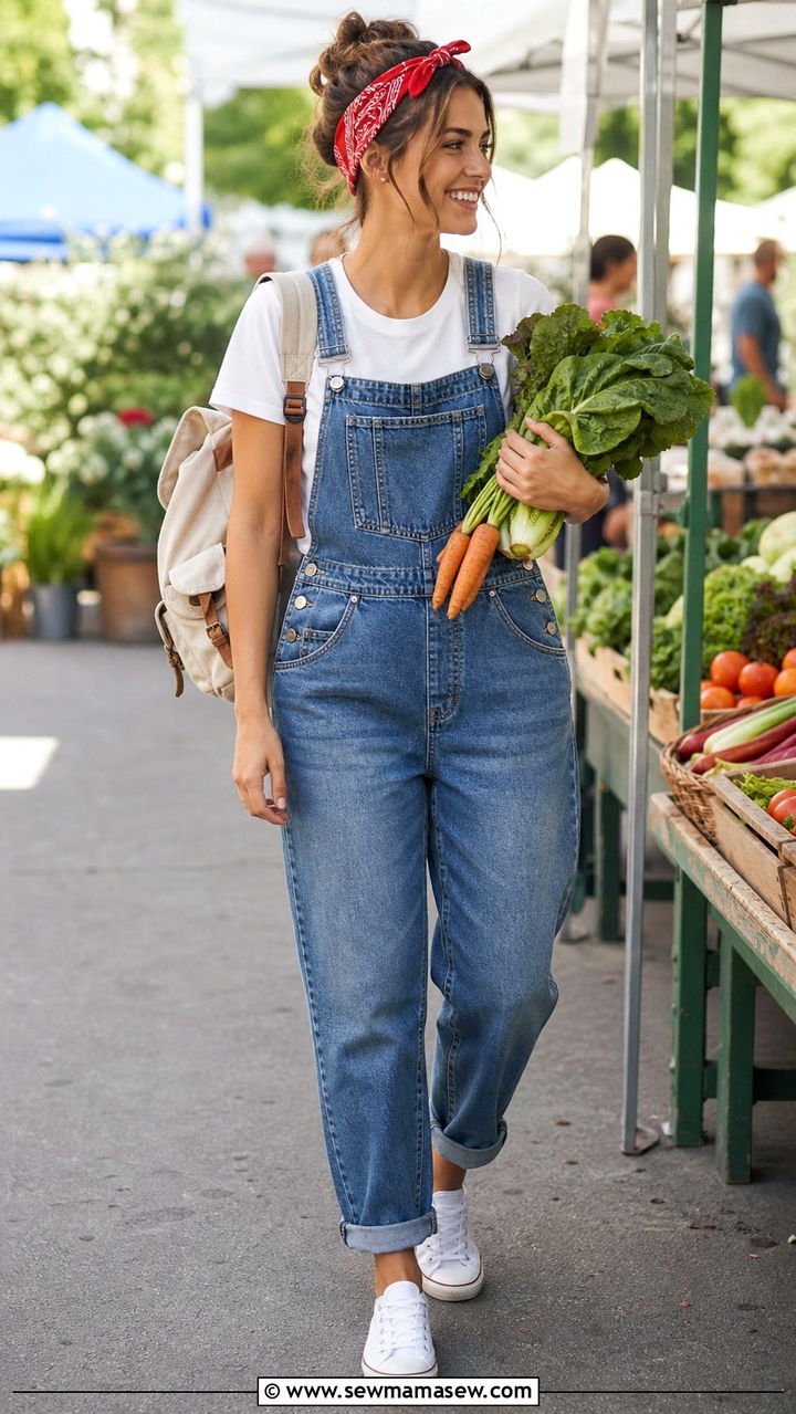 Denim Overalls And White T Shirt Farmers Market Outfit - 40 Spring farmers market outfits