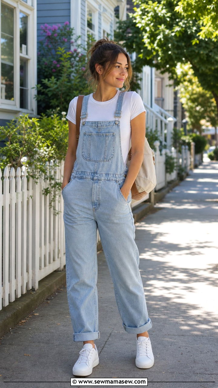 Denim Overalls Fitted White Tee Sneakers Outfit - 35 Boston outfit ideas