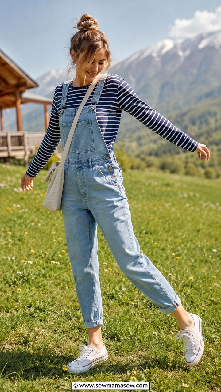 Denim Overalls Outfit with Striped Long Sleeve Tee and Sneakers - 30 Spring cabin weekend outfits