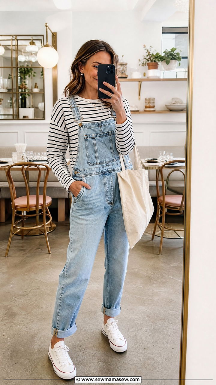 Denim Overalls Striped Tee Sunday Brunch Outfit - 25 Brunch outfit ideas boozy Sunday