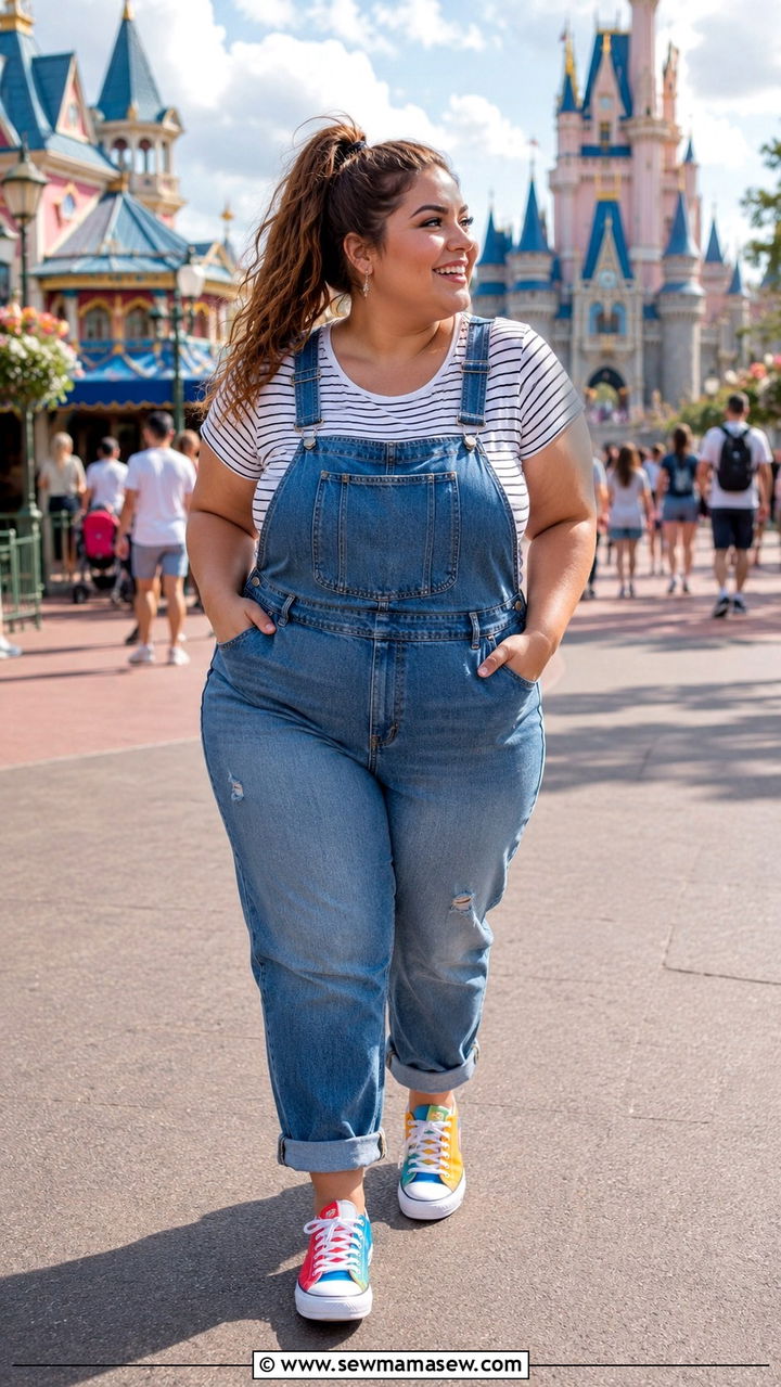 Denim Overalls Striped Tee and Canvas Sneakers - 30 Plus size theme park outfit ideas