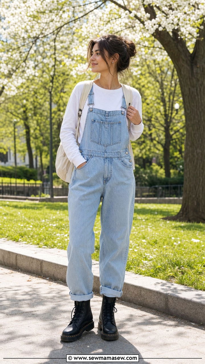 Denim Overalls With A Long Sleeve Tee And Combat Boots - 25 Spring outfits with combat boots