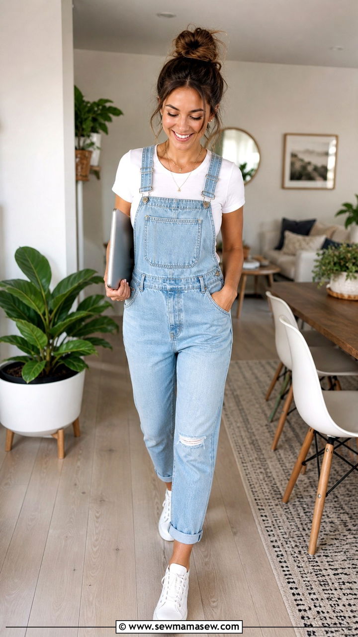 Denim Overalls With Fitted White Tee And Sneakers Outfit - 40 Work from home outfits