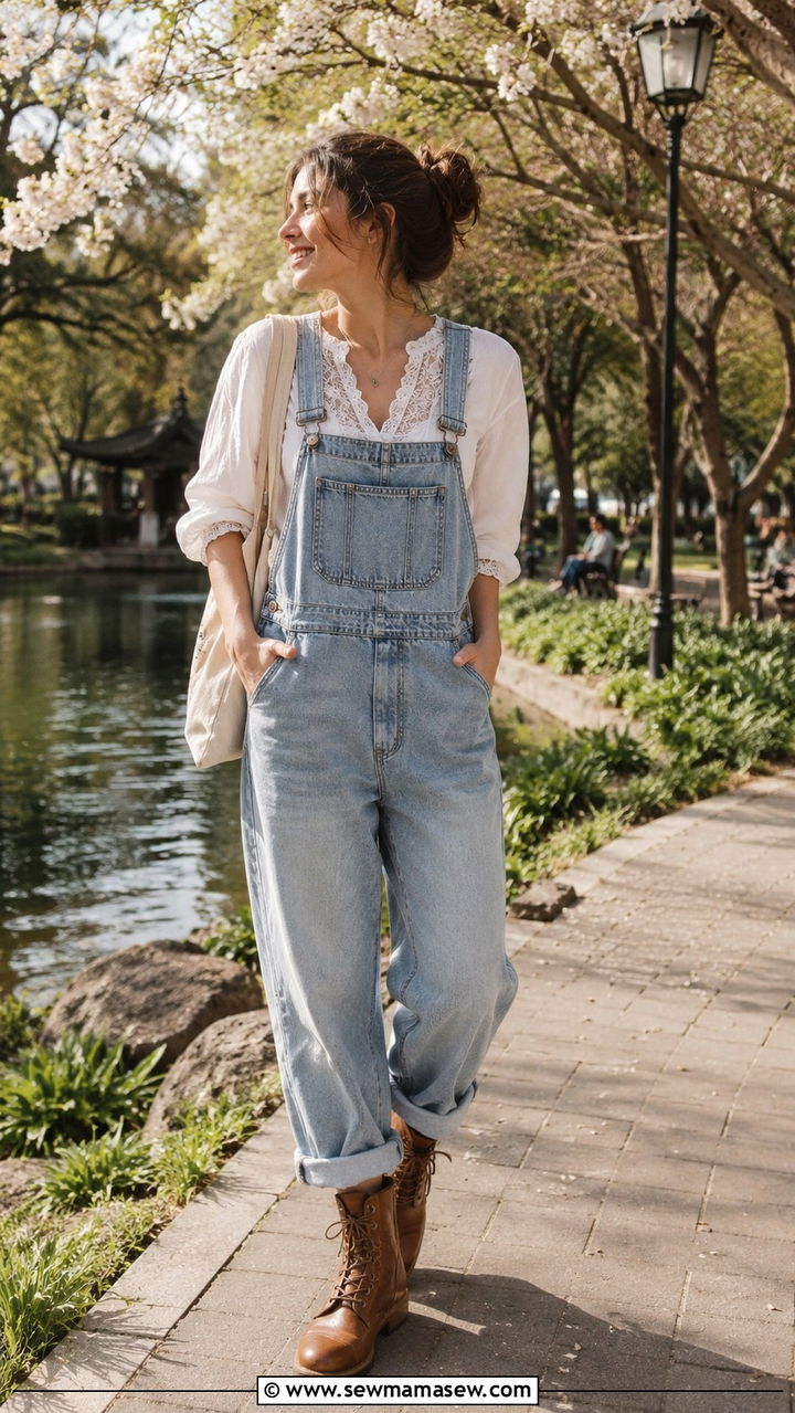 Denim Overalls With Lace Up Boots - 30 Spring outfits with boots