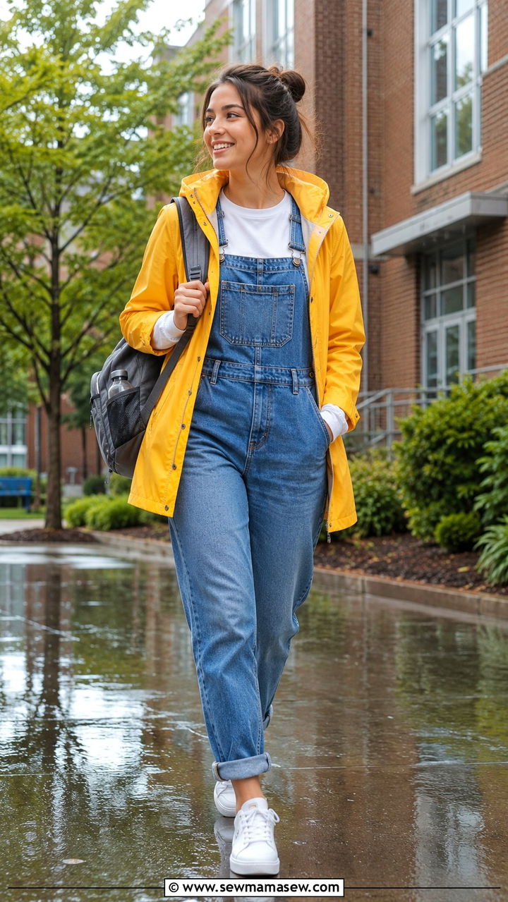 Denim Overalls With Long Sleeve Tee Outfit - 30 Rainy day school outfit ideas