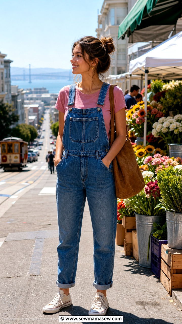 Denim Overalls With Pink T Shirt And Tote San Francisco - 40 San Francisco outfit ideas