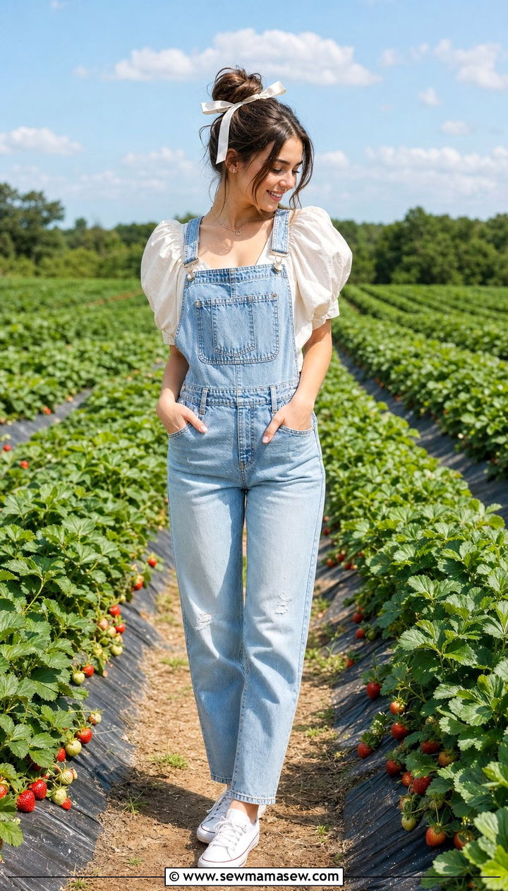 Denim Overalls With Puff Sleeve Blouse - 25 Cottagecore outfits 2026