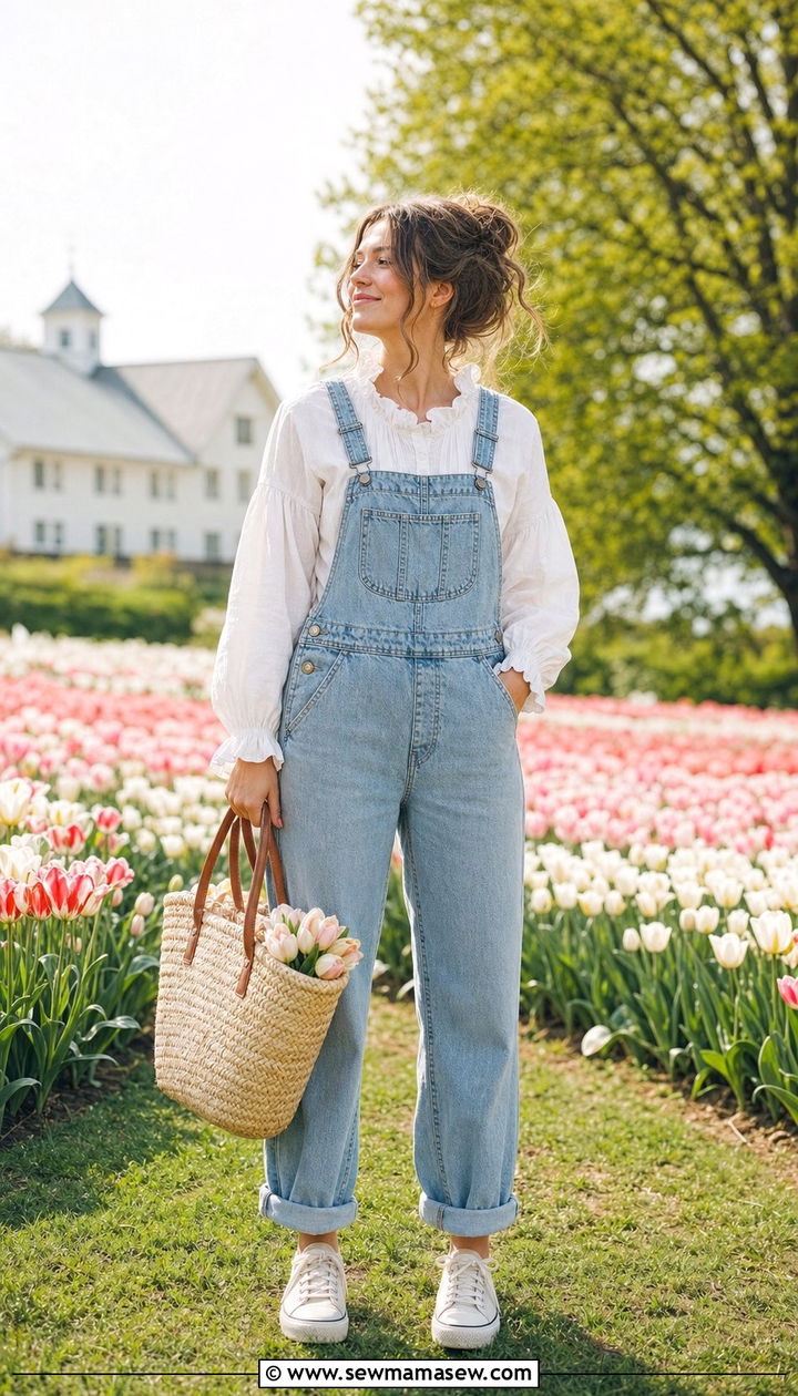Denim Overalls With Ruffled Blouse Outfit - 25 Spring cottagecore outfits 2026