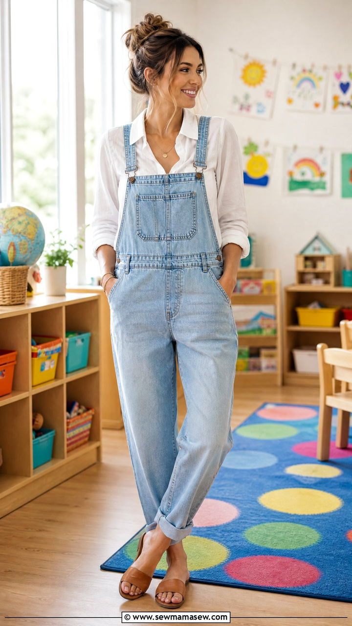 Denim Overalls With Statement Blouse Outfit - 30 summer outfits for teachers