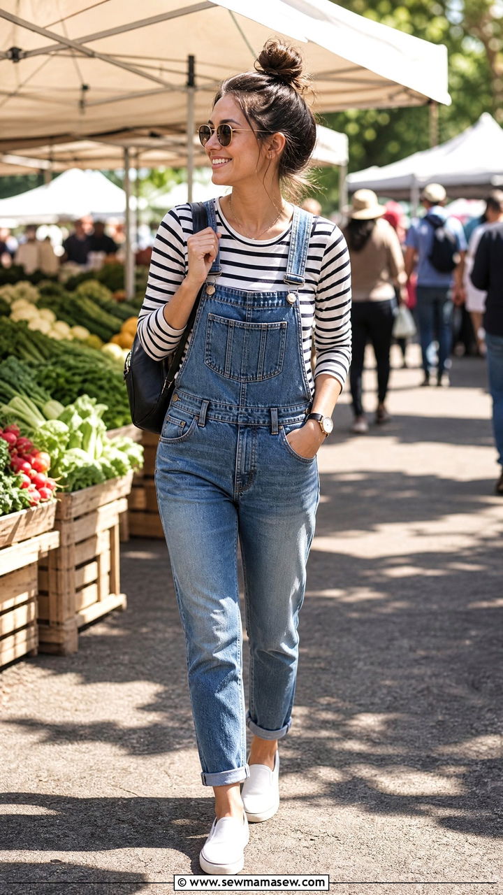 Denim Overalls With Striped Long Sleeve Tee And Slip On Sneakers Brunch Look - 25 Brunch outfit ideas with sneakers