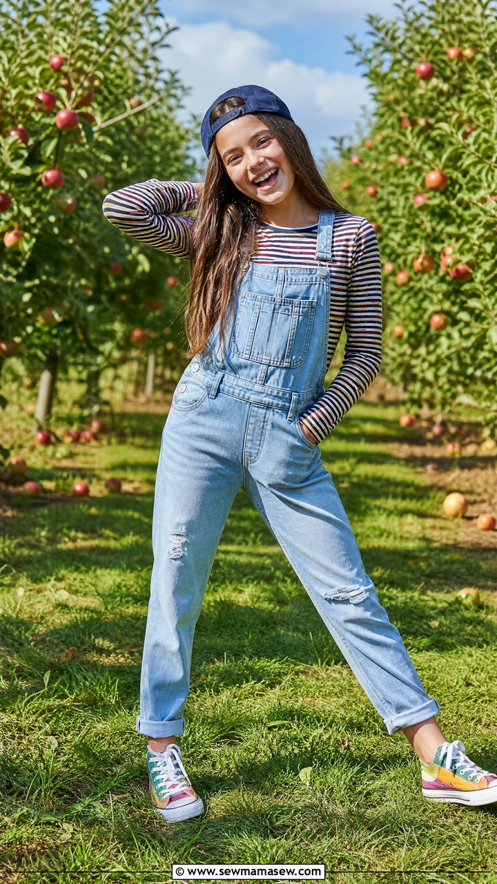 Denim Overalls With Striped Long Sleeve Tee Outfit - 30 Cute outfits for tweens