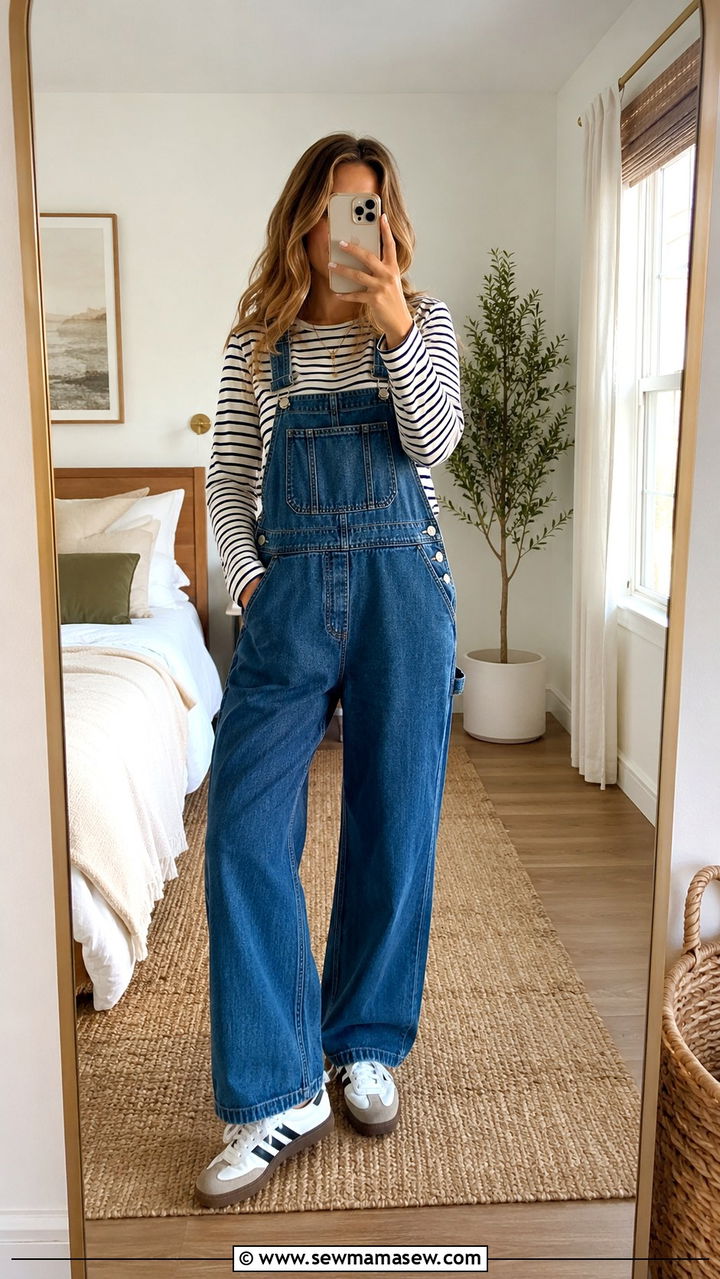 Denim Overalls With Striped Long Sleeve Tee Outfit - 30 Indie outfit ideas