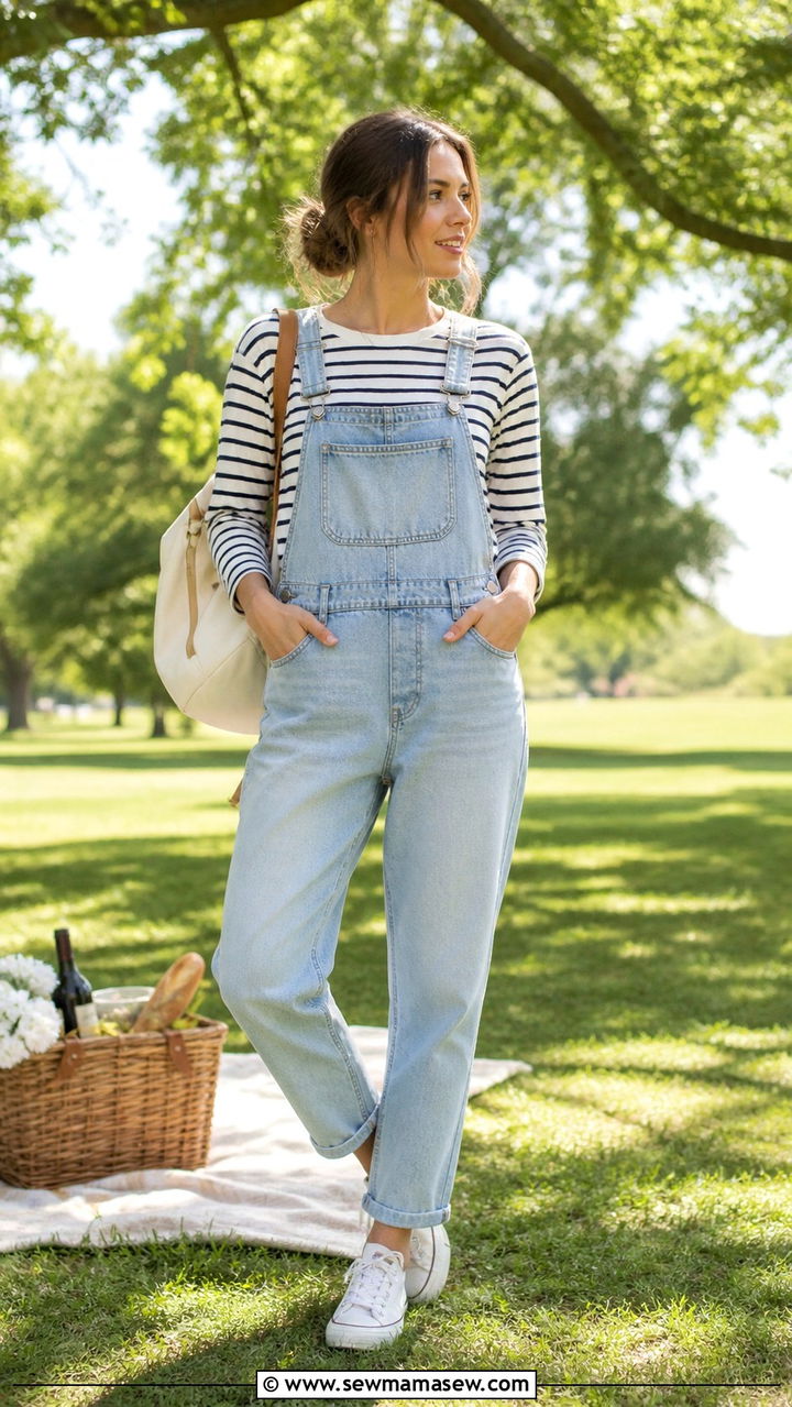 Denim Overalls With Striped Long Sleeve Tee - 40 Cute spring outfits