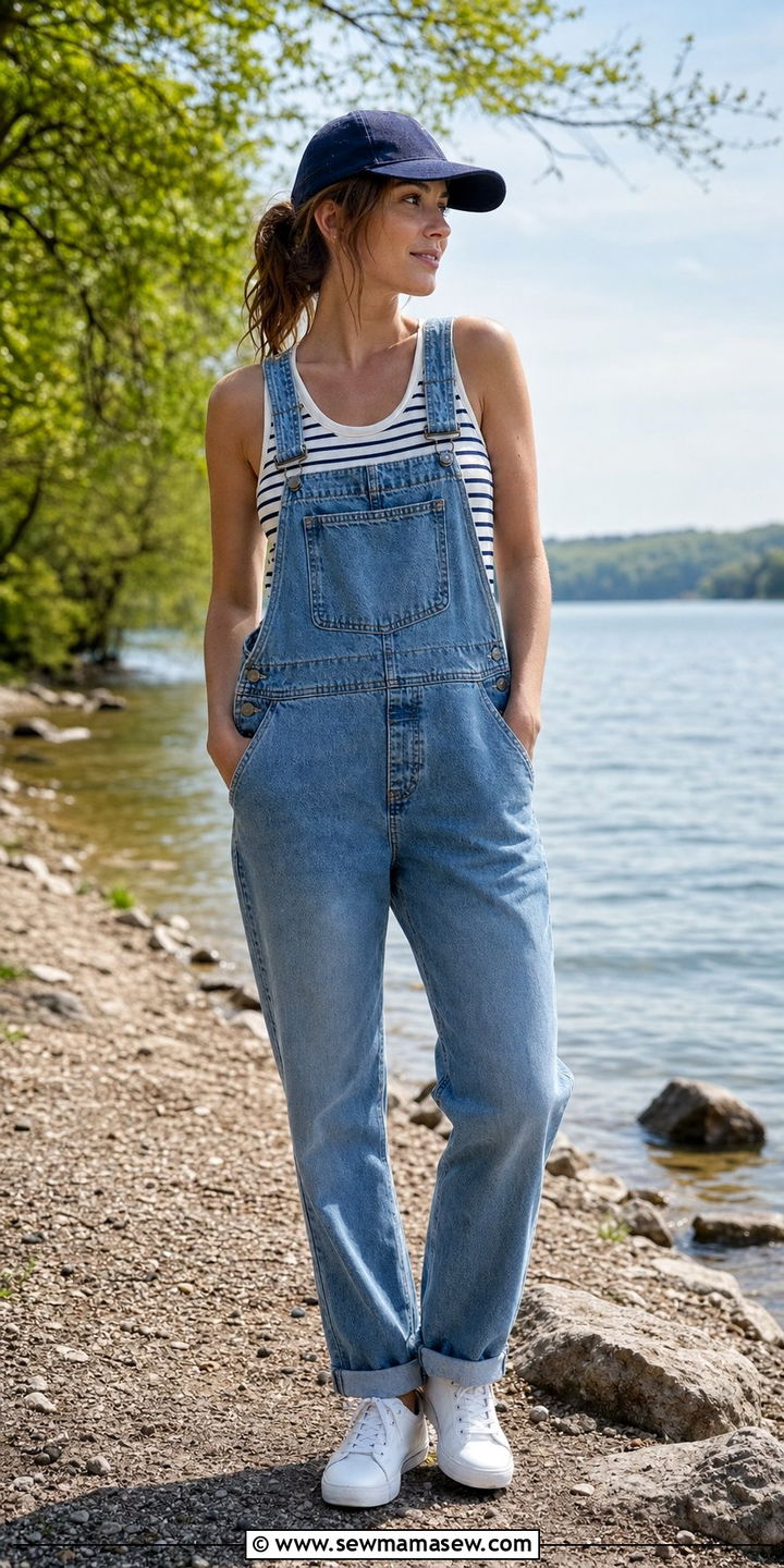 Denim Overalls With Striped Tank Top And White Sneakers - 25 Spring lake outfits