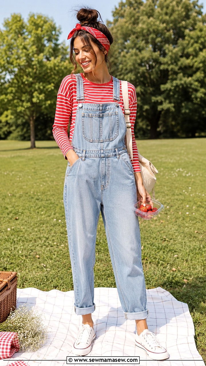 Denim Overalls With Striped Tee - 30 picnic outfit ideas for women