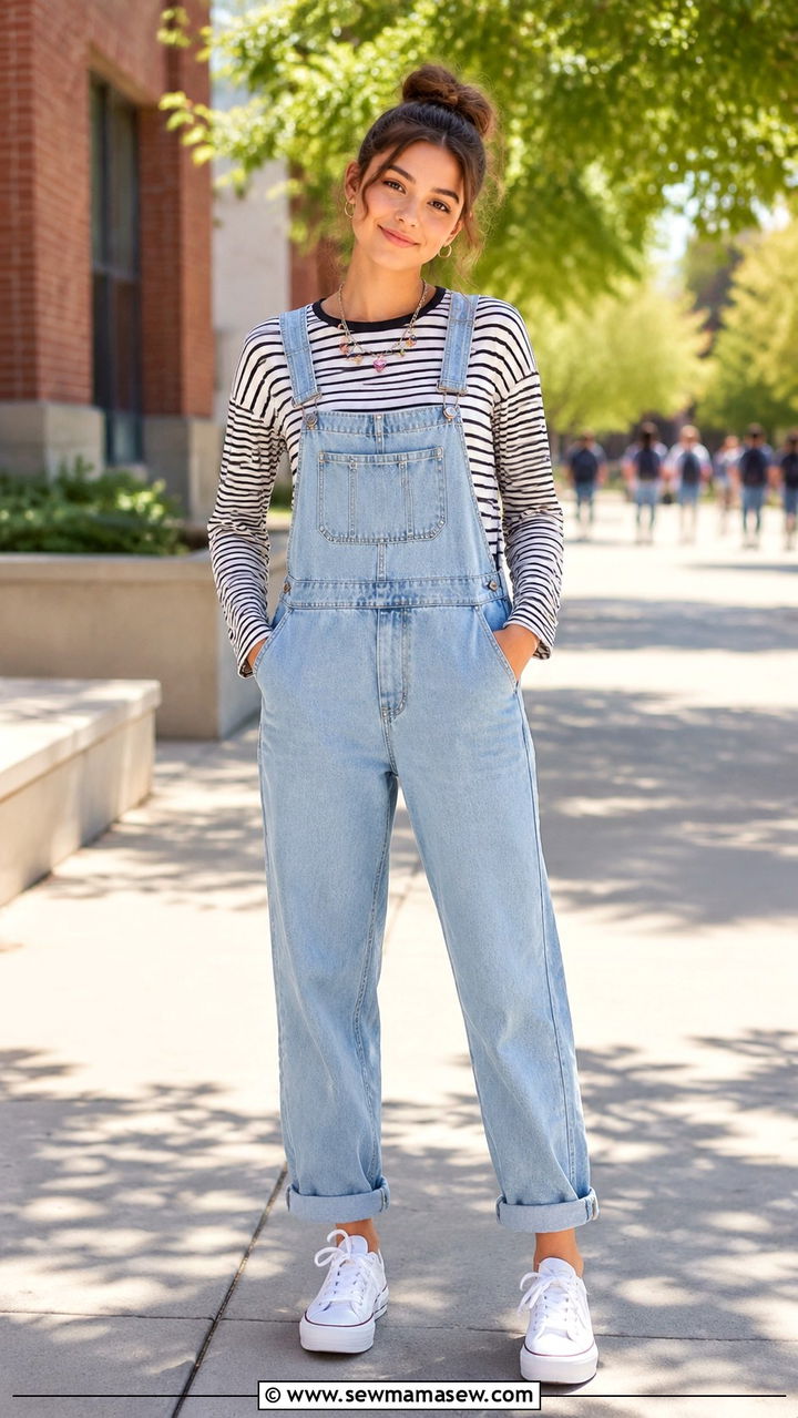 Denim Overalls With Striped Tee And Sneakers - 30 Spring outfits for teen girls