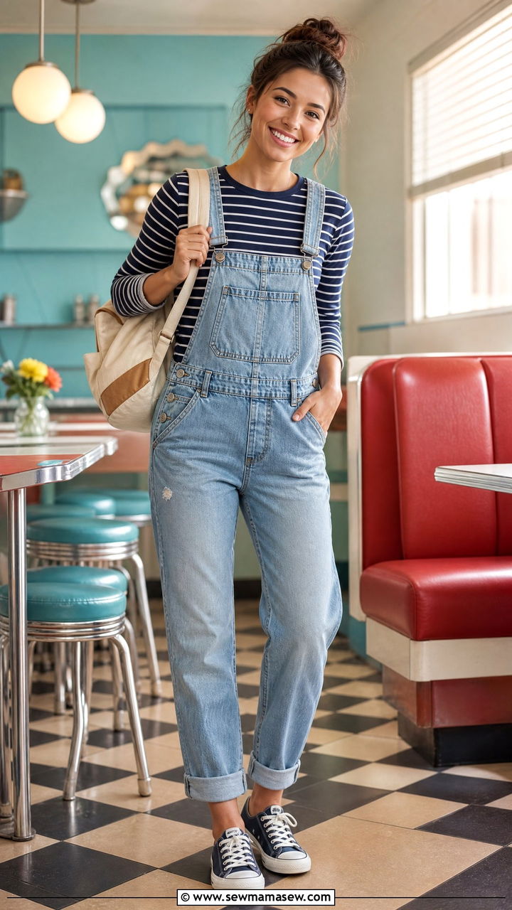 Denim Overalls With Striped Tee For Brunch - 25 Brunch outfit ideas with friends casual