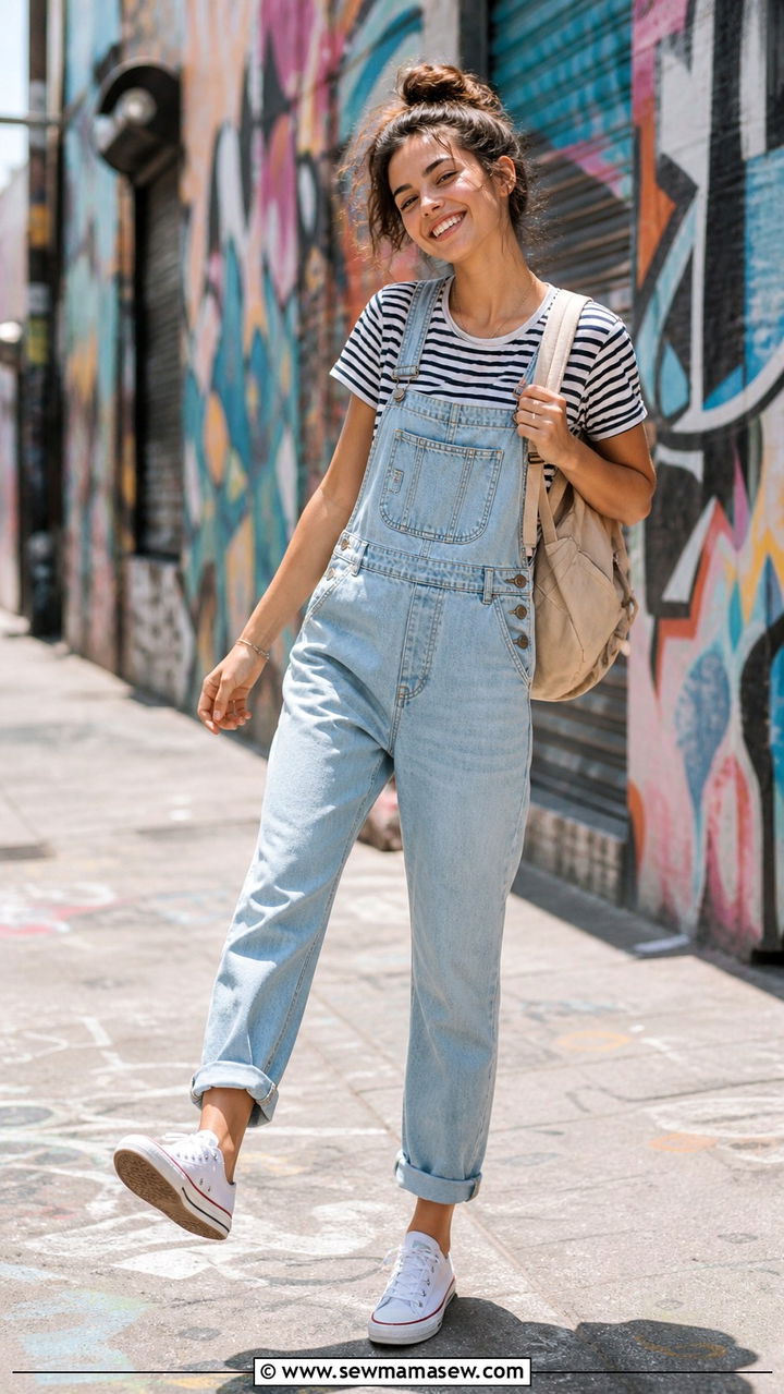 Denim Overalls With Striped Tee and Canvas Sneakers - 40 Summer city outfits