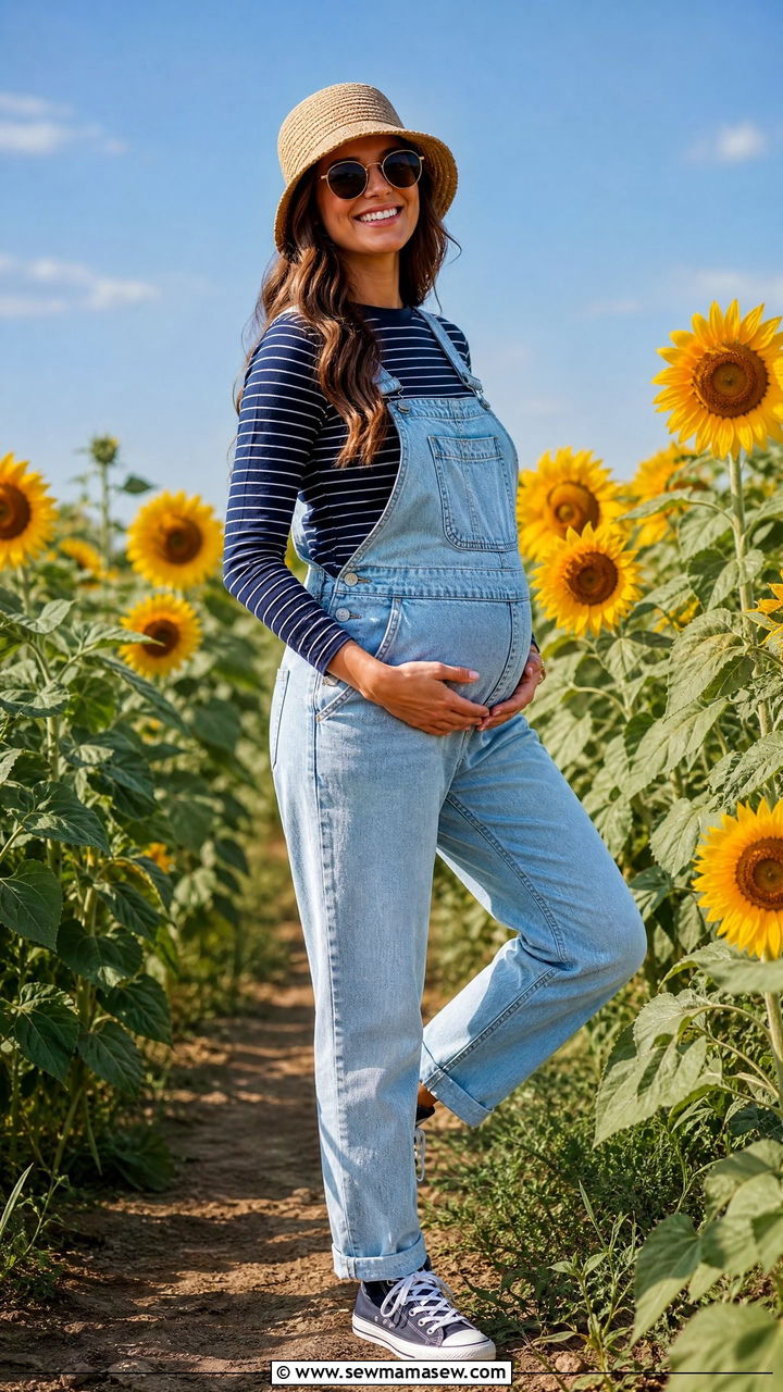 Denim Overalls With Striped Tee - 25 Maternity announcement outfit ideas