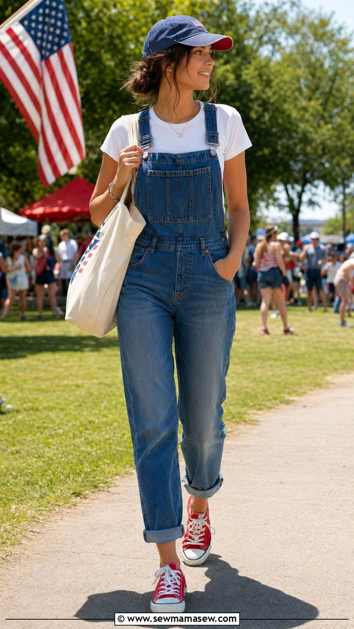 Denim Overalls With White Tee and Red Sneakers - 35 4th of July outfits