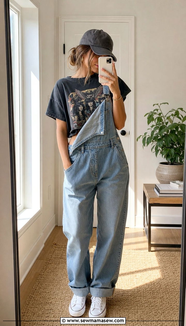 Denim Overalls With a Graphic Tee - 25 spring 90s outfits