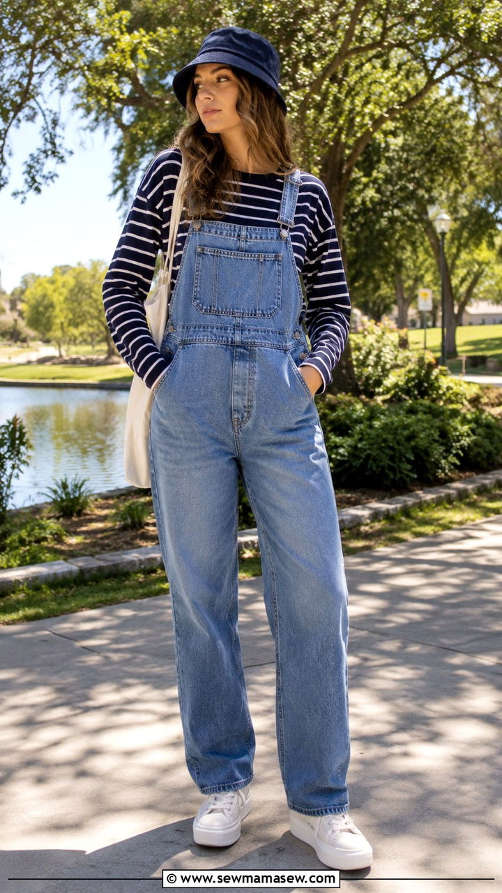 Denim Overalls With a Striped Long Sleeve Tee - 30 casual 90s outfits