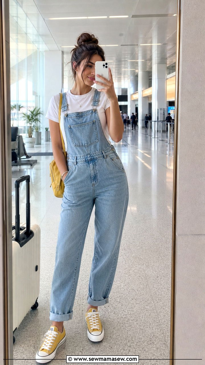 Denim Overalls and Canvas Sneakers Outfit - 40 Summer airport outfits