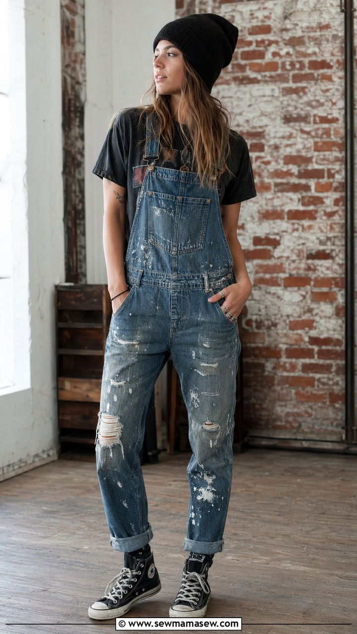 Denim Overalls and Graphic Band Tee Outfit - 35 90s outfits ideas