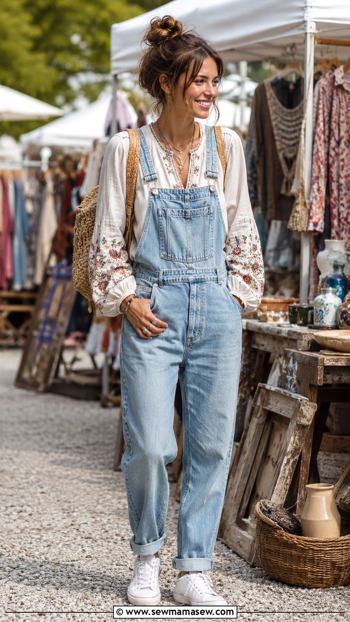 Denim Overalls and Peasant Blouse with Silver Rings - 25 Boho outfit ideas with silver rings