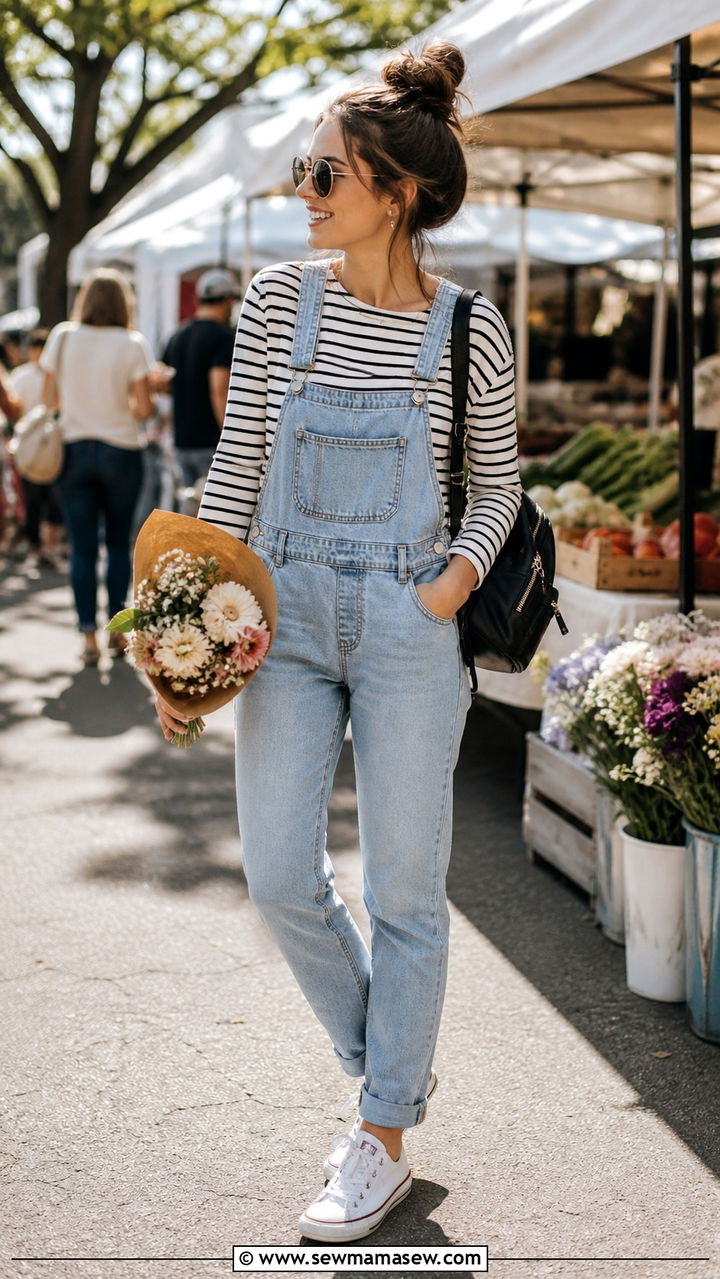 Denim Overalls and Striped Long Sleeve Tee Outfit - 20 cute outfits to copy