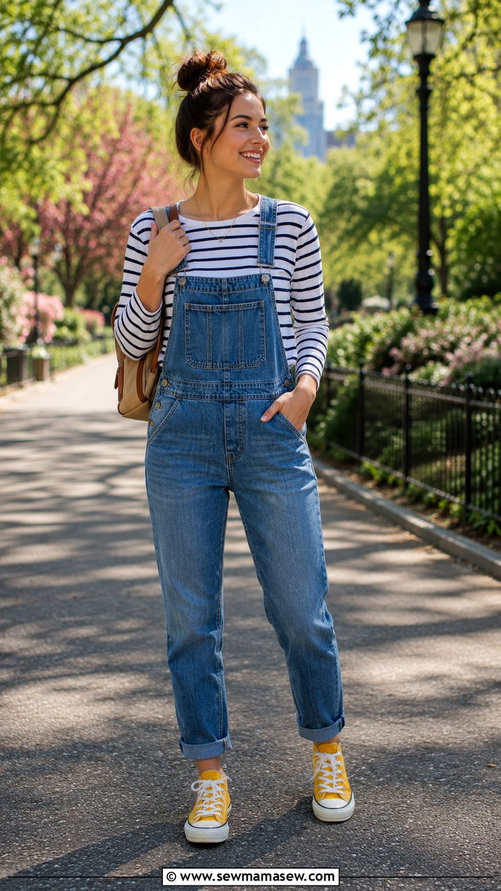 Denim Overalls and Striped Tee - 30 cute travel outfits