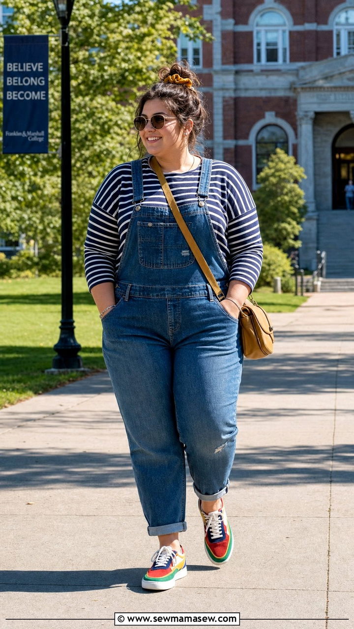Denim Overalls and Striped Tee College Outfit - 25 College outfit ideas plus size