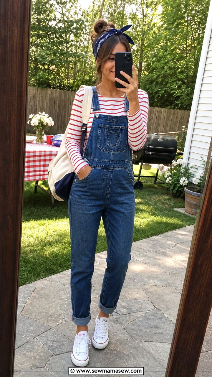 Denim Overalls and Striped Tee Outfit - 40 Memorial Day outfit ideas