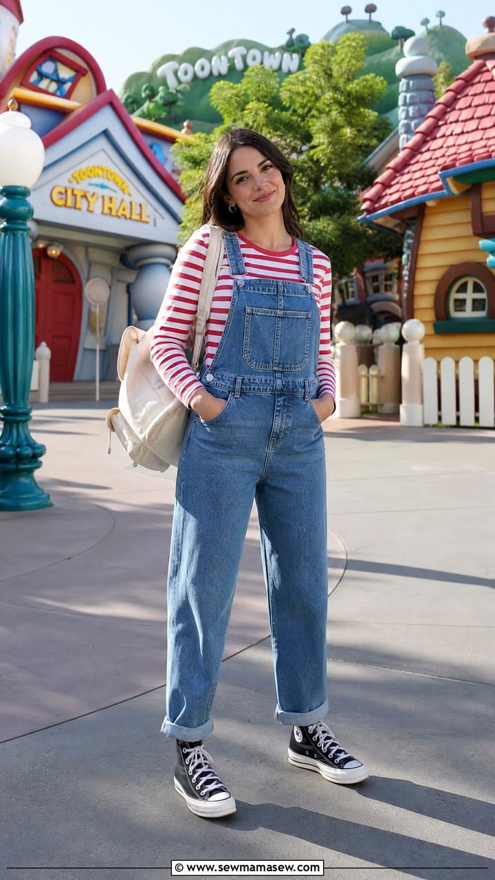 Denim Overalls and Striped Tee Outfit - 40 Disneyland outfit ideas