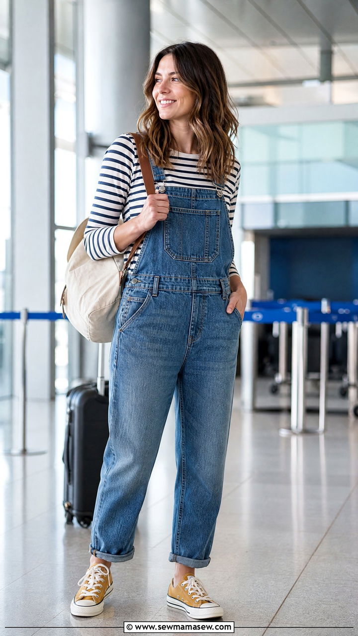 Denim Overalls and Striped Tee - 30 Cute airport outfits